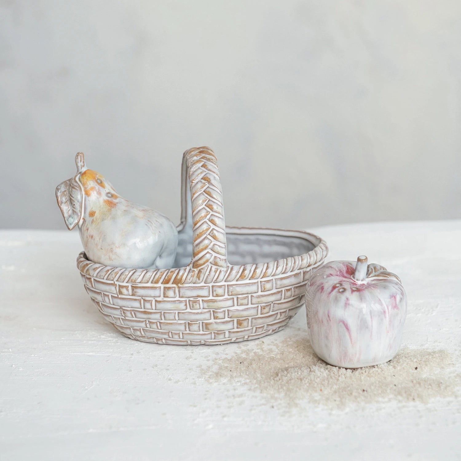 Stoneware Salt & Pepper Shakers w/ Basket, Set of 3 (Each One Will Vary)