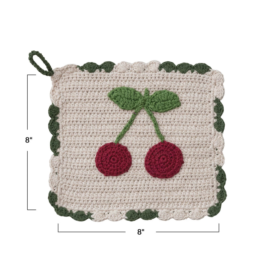 Cotton Crocheted Scalloped Pot Holder w/ Cherries