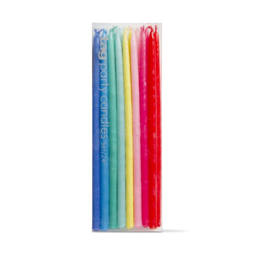 A box of multicolored birthday candles displayed in a variety of colors, ready for use in a birthday celebration.