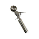 Metallic cookie scoop with a handle on a white background