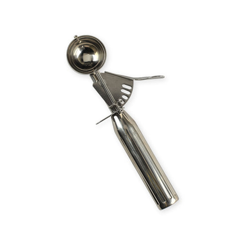 Metallic cookie scoop with a handle on a white background