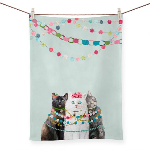 Festive Cat Trio Bright Tea Towel