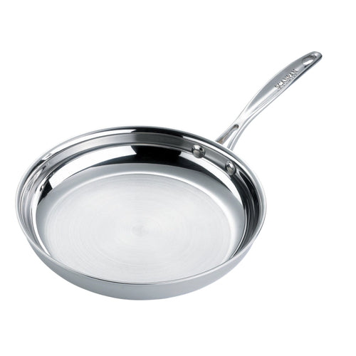 Stainless steel frying pan on a white background