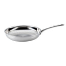 Stainless steel frying pan on a white background