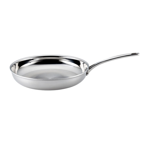 Stainless steel frying pan on a white background