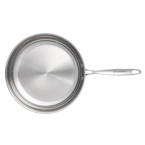 Stainless steel frying pan with lid on a white background