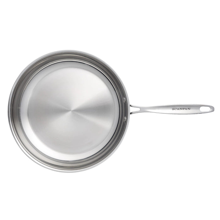 Stainless steel frying pan with lid on a white background