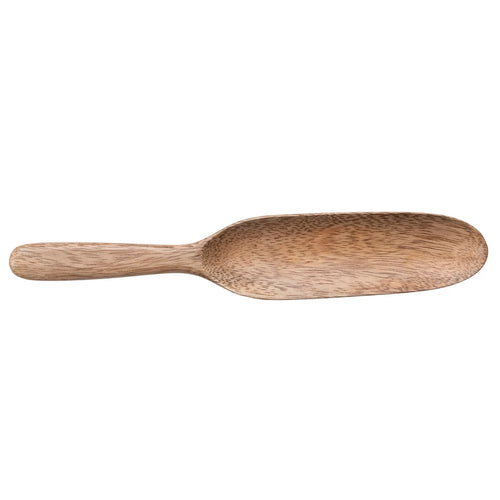 An elongated acacia wood spoon with a natural wood finish.