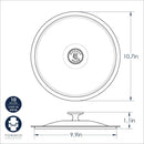 Technical dimension diagram of a round stainless steel pot lid, showing top and side views with measurements of 10.7 inches in diameter, 9.