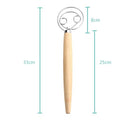 Measurement chart of a dough whisk with a wooden handle and metal head on a white background