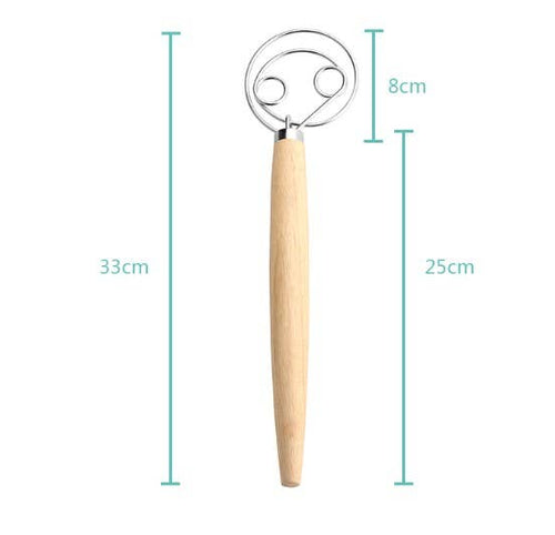 Measurement chart of a dough whisk with a wooden handle and metal head on a white background