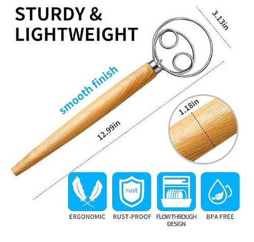 Wooden dough whisk with measurements and detail graphics on a white background