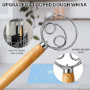 Upgraded 4 looped dough whisk with wooden handle on a white background