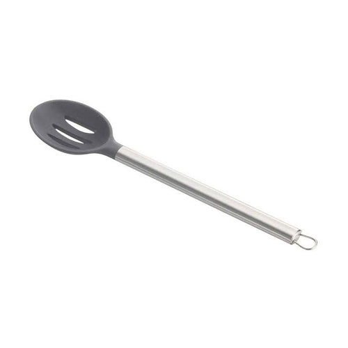 A 13-inch slotted spoon with a silicone exterior and stainless steel core.