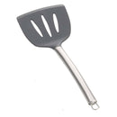 Gray slotted spatula with a metal handle on a white background