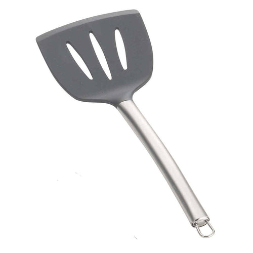 Gray slotted spatula with a metal handle on a white background