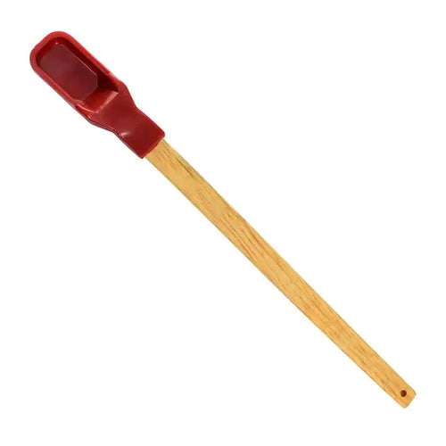 A small condiment spoon with a red scoop and wooden handle on a white background.