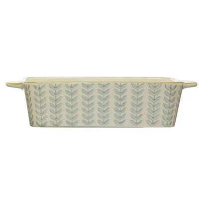 A stoneware baker with geometric patterns.