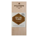 Wooden maple grilling planks packaging with 'Wildwood Grilling' branding on a white background