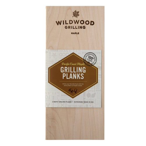 Wooden maple grilling planks packaging with 'Wildwood Grilling' branding on a white background