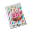 Birthday card with colorful candles and a button reading 'I'm 20 for the second time' on a white background.