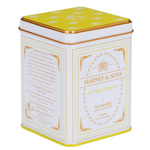 Harney & Sons Citron Green tea tin with yellow and white design