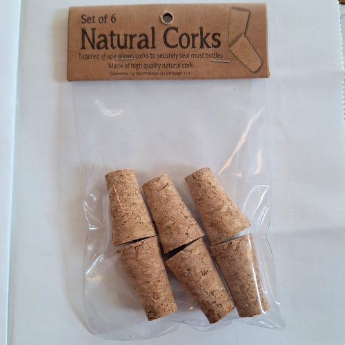 Set of 6 natural corks in clear packaging with a label on a white background