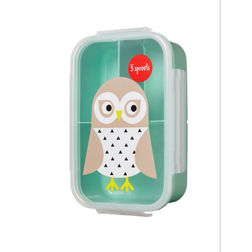A green 3 Sprouts lunch bento box for kids with an owl design on the lid, featuring three compartments and secured with latches.