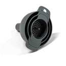 Gray silicone funnel set with a perforated center on a white background