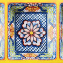 A close up of a section from a three section tray to show the colorful pattern in detail.