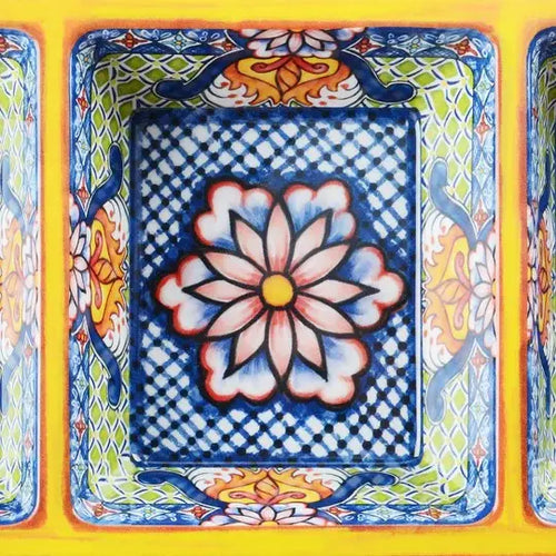 A close up of a section from a three section tray to show the colorful pattern in detail.