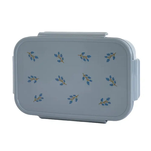 A gray 3 Sprouts Bento Box with blue floral patterns on the lid.