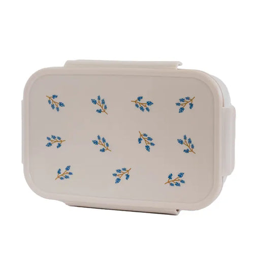 A taupe 3 Sprouts Bento Box with blue floral patterns on the lid.