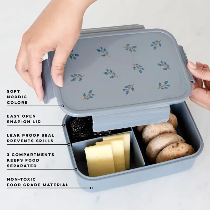 Person holding the lid of a gray bento box with blue floral pattern with the main bento box below filled with food and informational text listing details.
