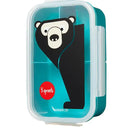 A blue 3 Sprouts lunch bento box for kids with a bear design on the lid, featuring three compartments and secured with latches.