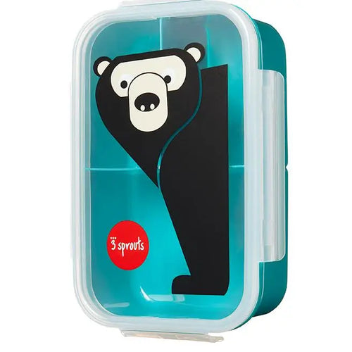 A blue 3 Sprouts lunch bento box for kids with a bear design on the lid, featuring three compartments and secured with latches.
