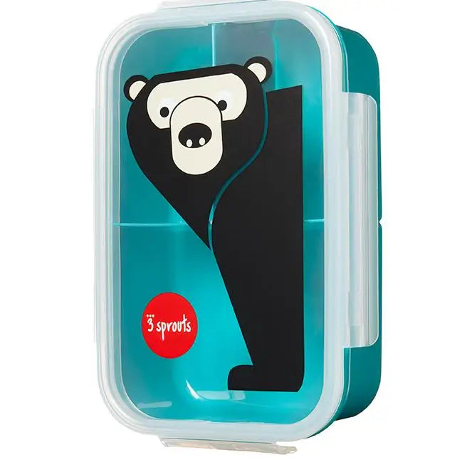 A blue 3 Sprouts lunch bento box for kids with a bear design on the lid, featuring three compartments and secured with latches.