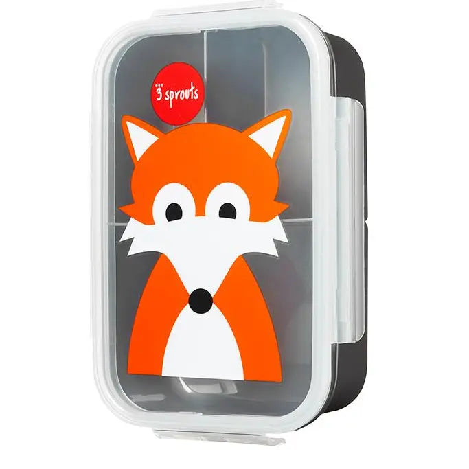 A black 3 Sprouts lunch bento box for kids with a fox design on the lid, featuring three compartments and secured with latches.