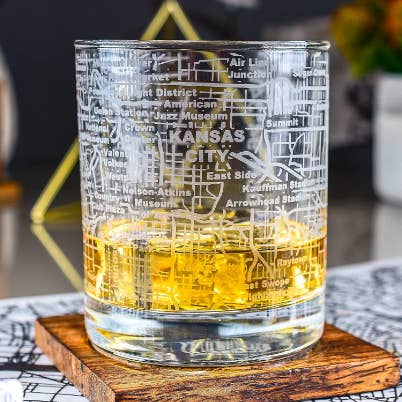 Kansas City Etched Street Grid Whiskey Glasses - Set of 2