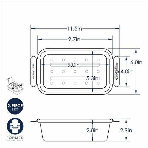 Technical drawing of a 2-piece meatloaf set with formed aluminum components, showing dimensions on a white background.