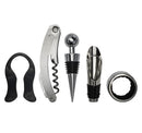 Set of wine tools including a corkscrew, bottle stopper, and other accessories on a white background