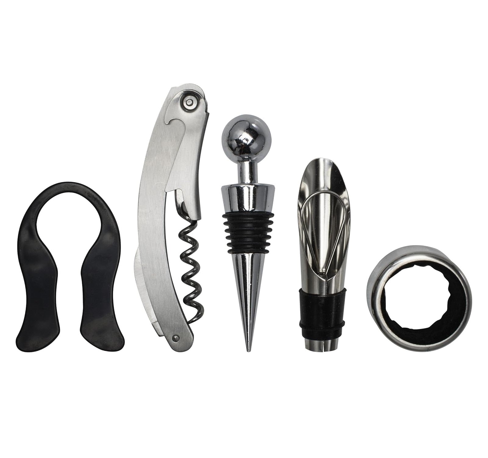 Set of wine tools including a corkscrew, bottle stopper, and other accessories on a white background