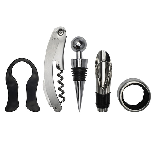 Set of wine tools including a corkscrew, bottle stopper, and other accessories on a white background