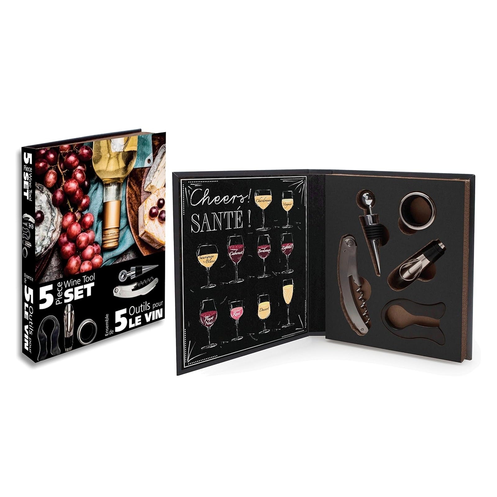 Wine accessory set with packaging on a white background