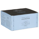 A box of 50 foil wrapped teabags labeled 'JASMINE' from Harney & Sons. The packaging is primarily blue with white and darker blue design elements.