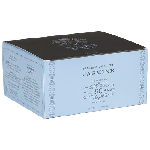 A box of 50 foil wrapped teabags labeled 'JASMINE' from Harney & Sons. The packaging is primarily blue with white and darker blue design elements.
