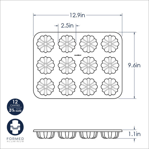Measurement chart of a 12-cavity mini bundt cake pan with dimensions and features.