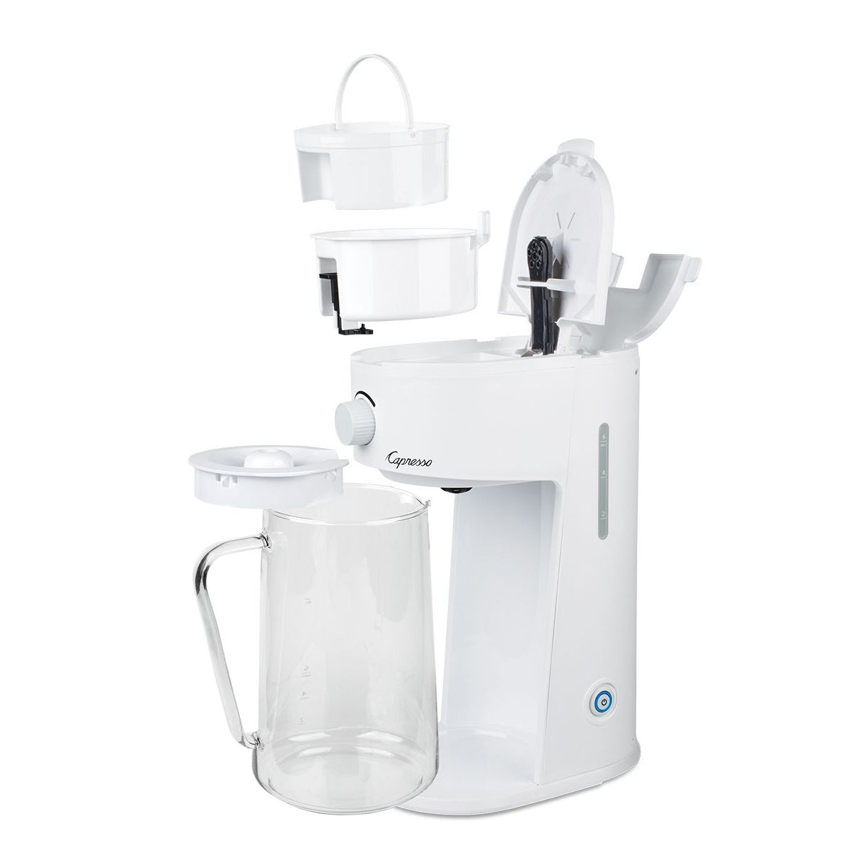 White iced tea maker with clear glass carafe on a white background
