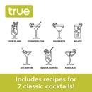 A listing of the seven classic cocktail recipes available on the product: long island, cosmopolitan, margarita, mojito, gin martini, tequila sunrise, kamikaze.