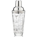 A stainless steel and glass cocktail shaker with printed cocktail recipes, measurements in oz and ml, and a shaker lid.